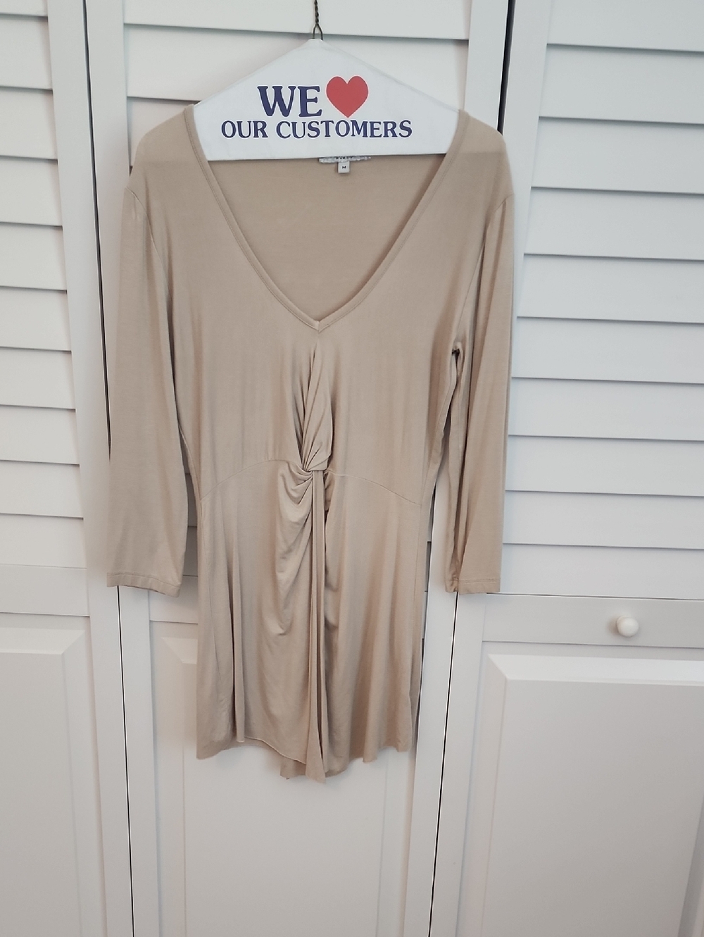 V-Neck Twist Front Long Sleeve Top in Beige